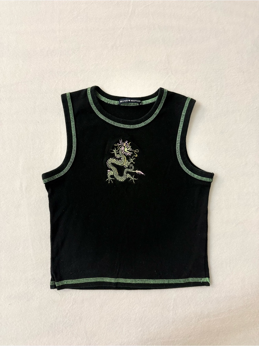 Brandy Melville Black & Sage Green Dragon Embroidered Contrast Stitch Tank Top